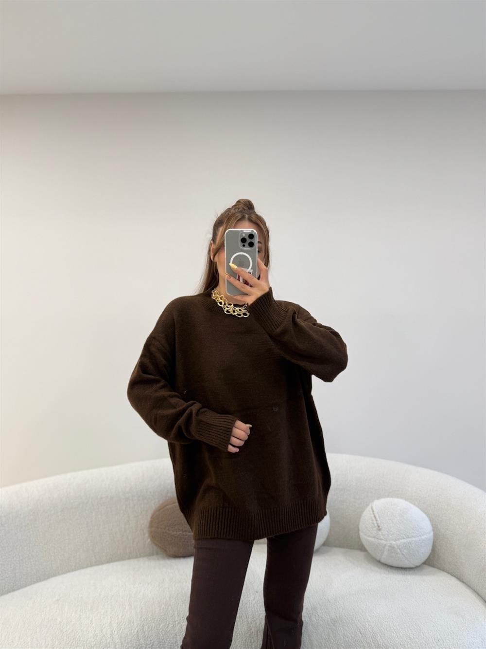 BİSİKLET YAKA BASİC KAZAK KAHVE