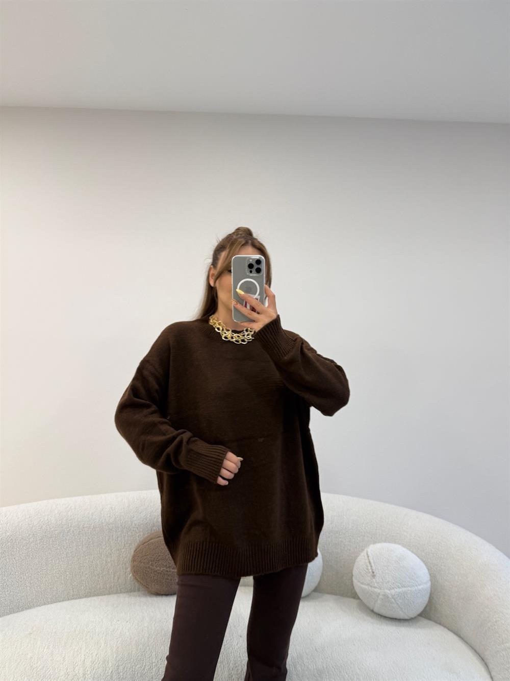 BİSİKLET YAKA BASİC KAZAK KAHVE