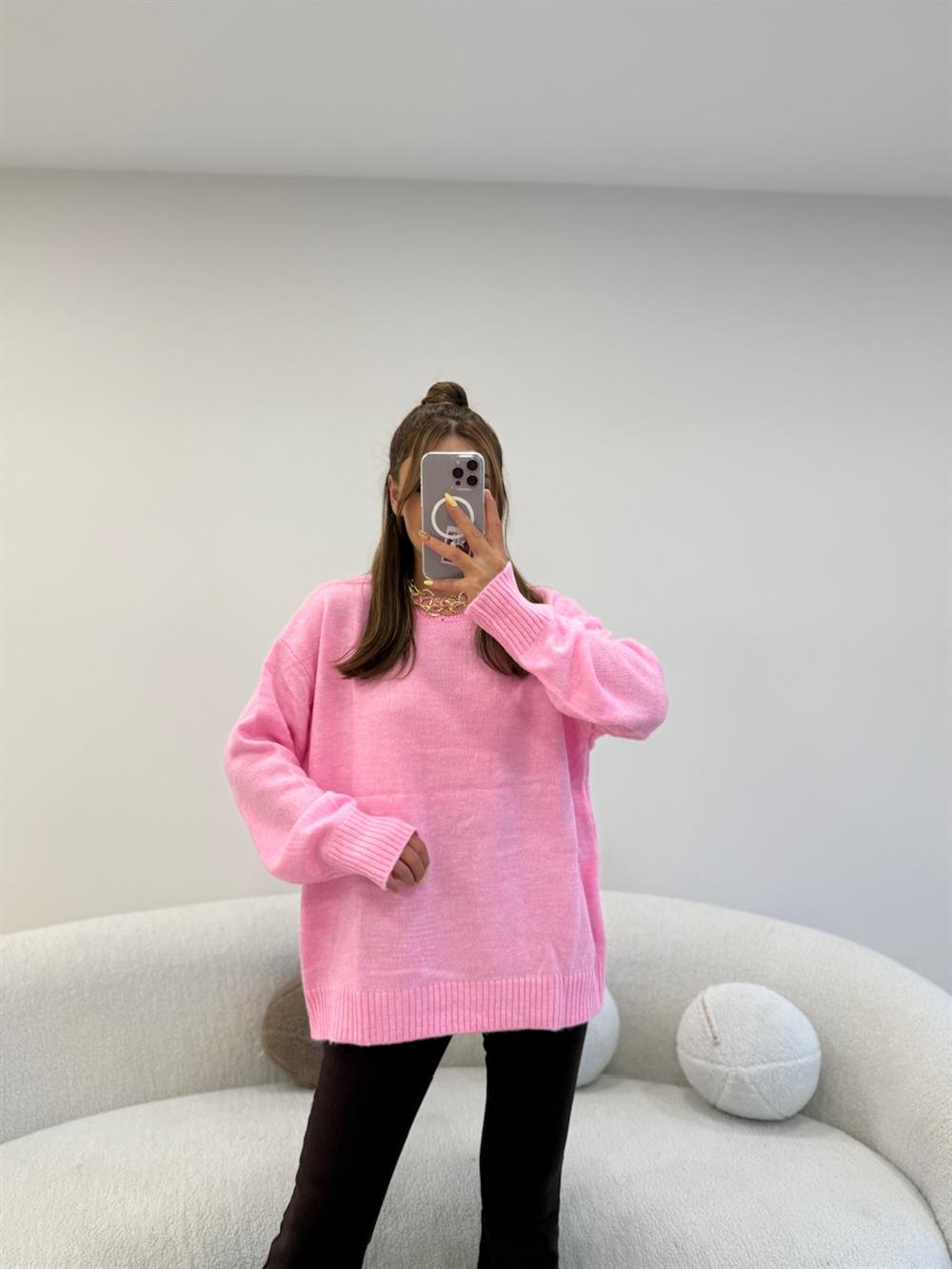 BİSİKLET YAKA BASİC KAZAK PEMBE