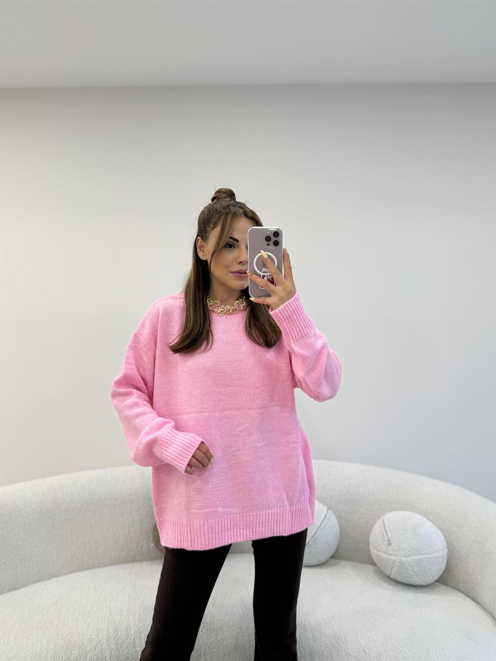 BİSİKLET YAKA BASİC KAZAK PEMBE