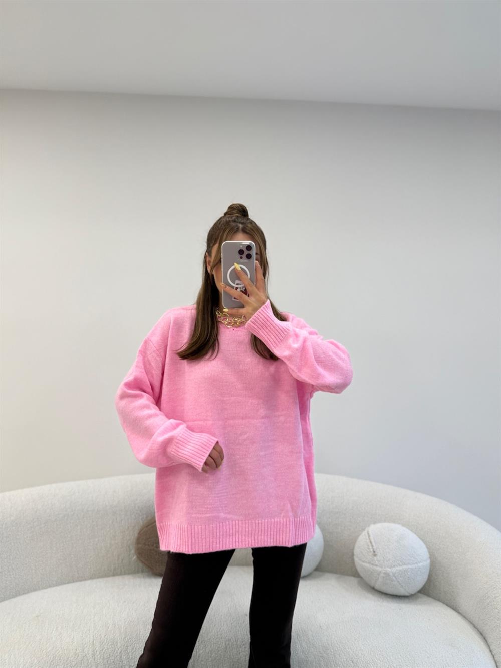 BİSİKLET YAKA BASİC KAZAK PEMBE