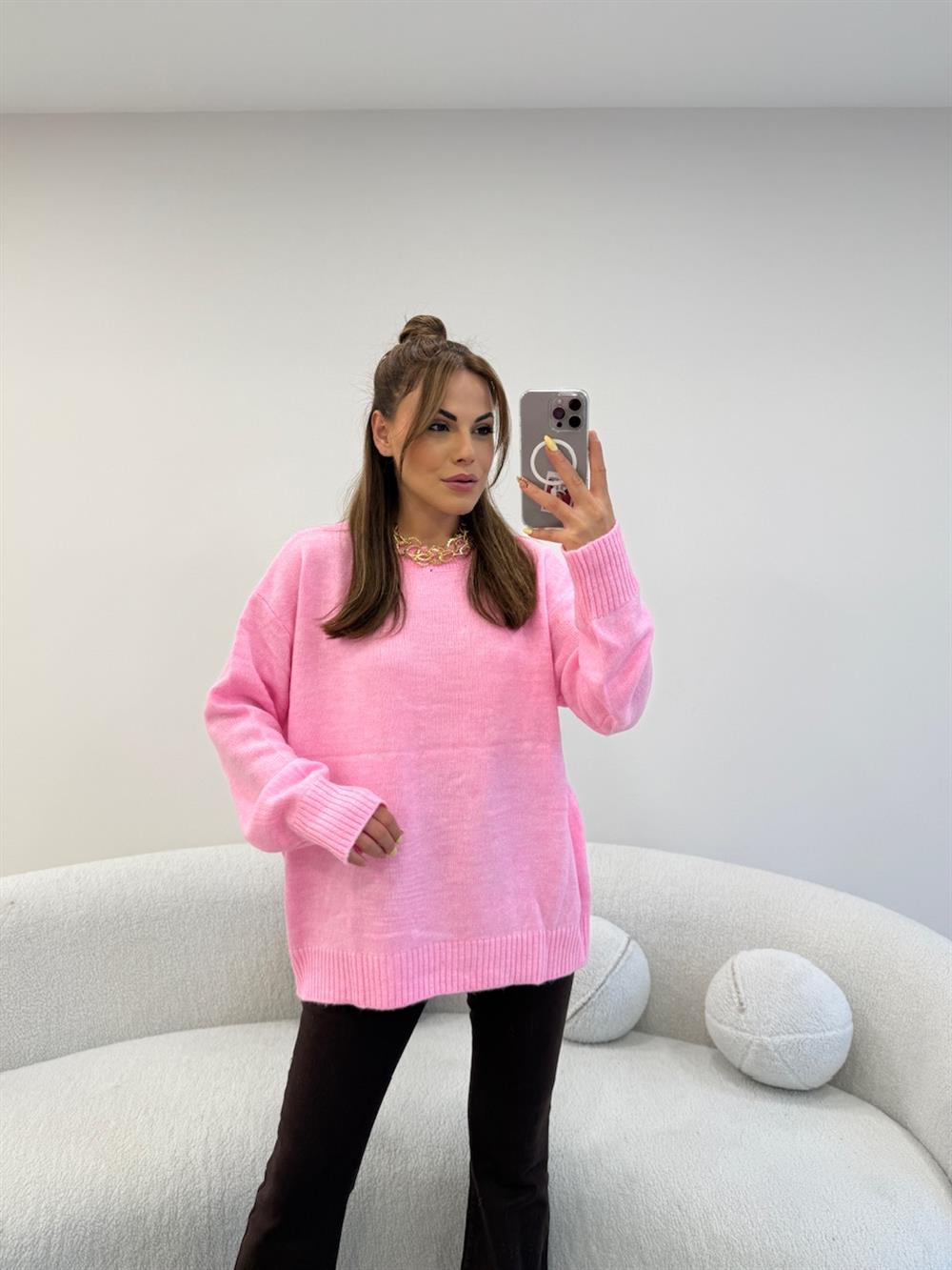 BİSİKLET YAKA BASİC KAZAK PEMBE