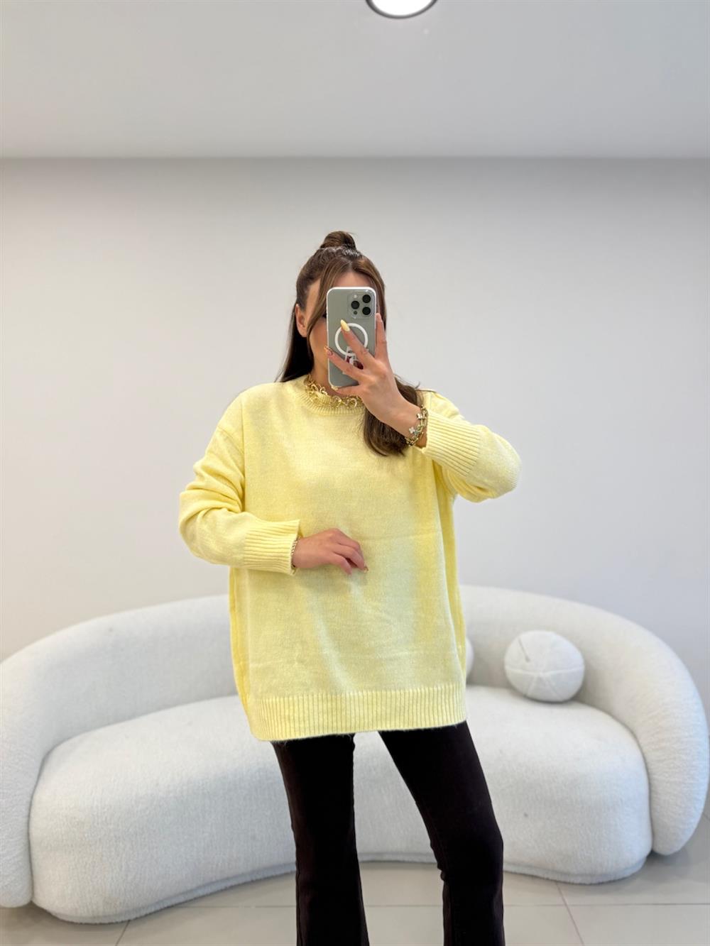 BİSİKLET YAKA BASİC KAZAK SARI