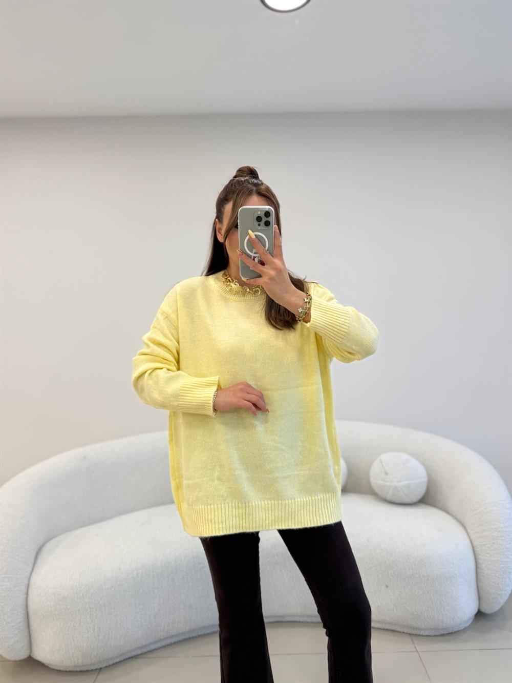 BİSİKLET YAKA BASİC KAZAK SARI