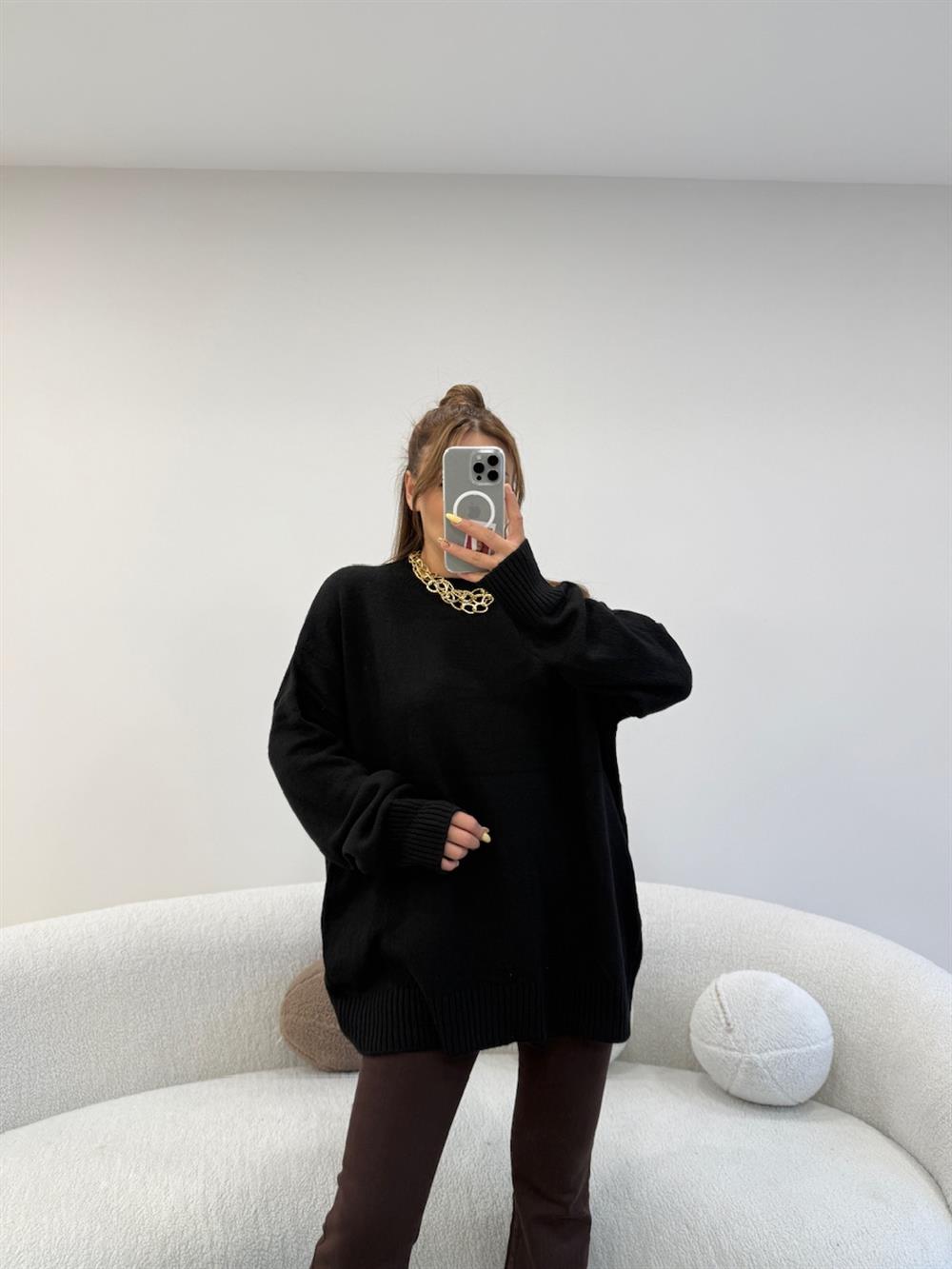 BİSİKLET YAKA BASİC KAZAK SİYAH