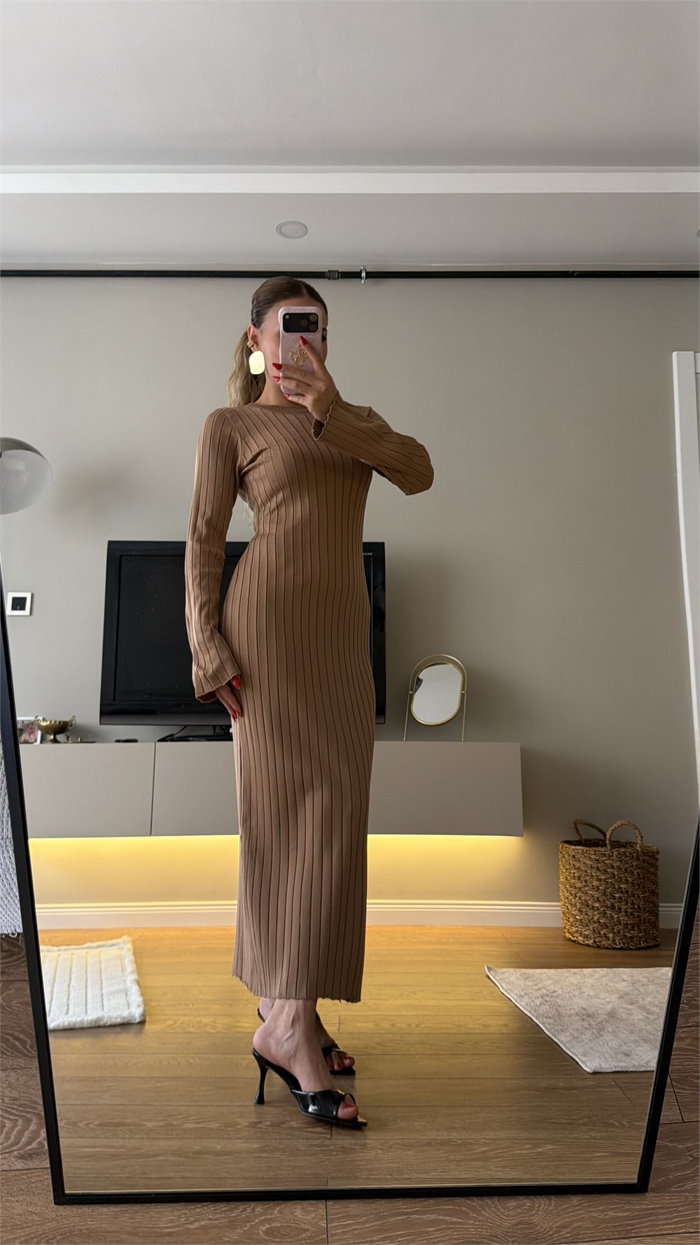Bisiklet Yaka Fitilli Triko Elbise Camel