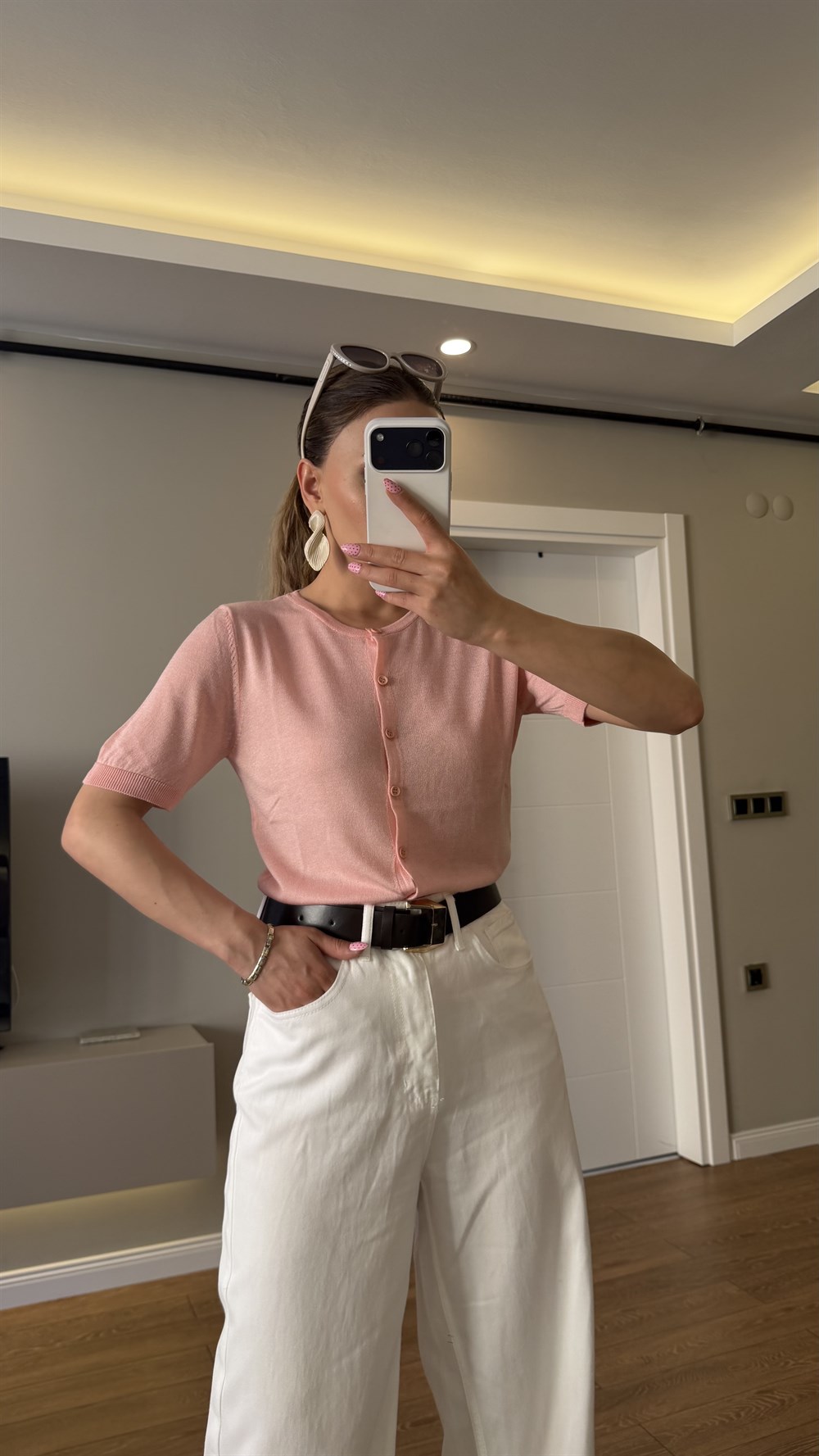 BİSİKLET YAKA ÖNDEN DÜĞMELİ TRİKO PEMBE