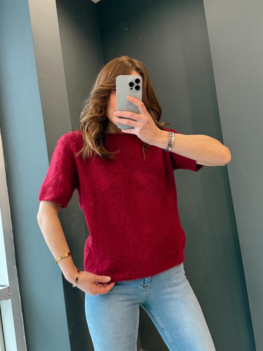 Bi̇si̇klet Yaka Sakalli Kisa Kol Tri̇ko Bordo