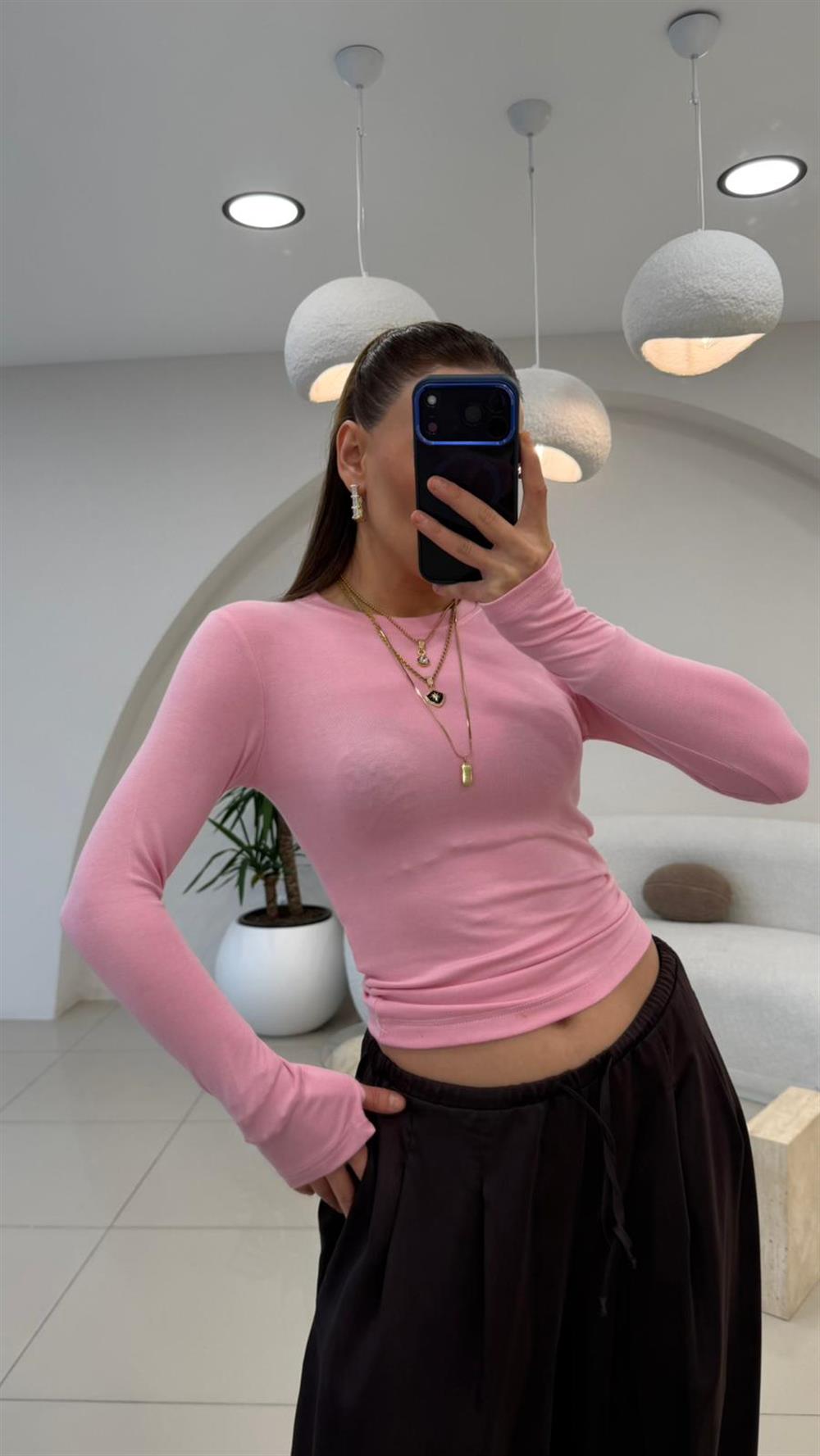 BİSİKLET YAKA UZUN KOL PARMAKLI BADY PEMBE