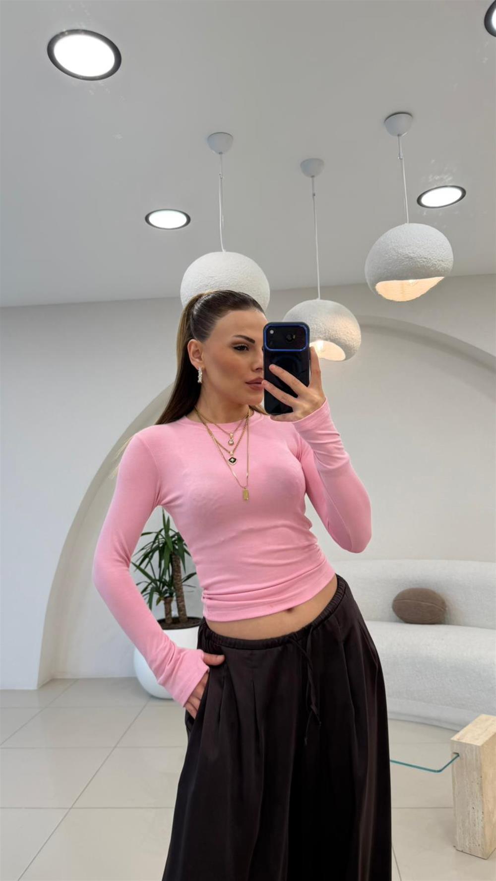 BİSİKLET YAKA UZUN KOL PARMAKLI BADY PEMBE