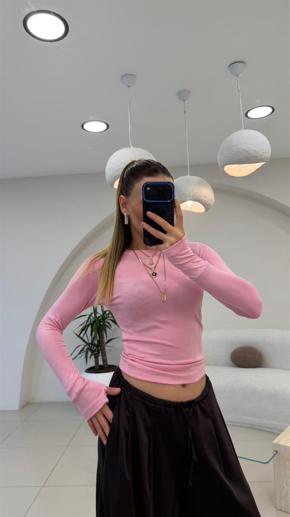 BİSİKLET YAKA UZUN KOL PARMAKLI BADY PEMBE