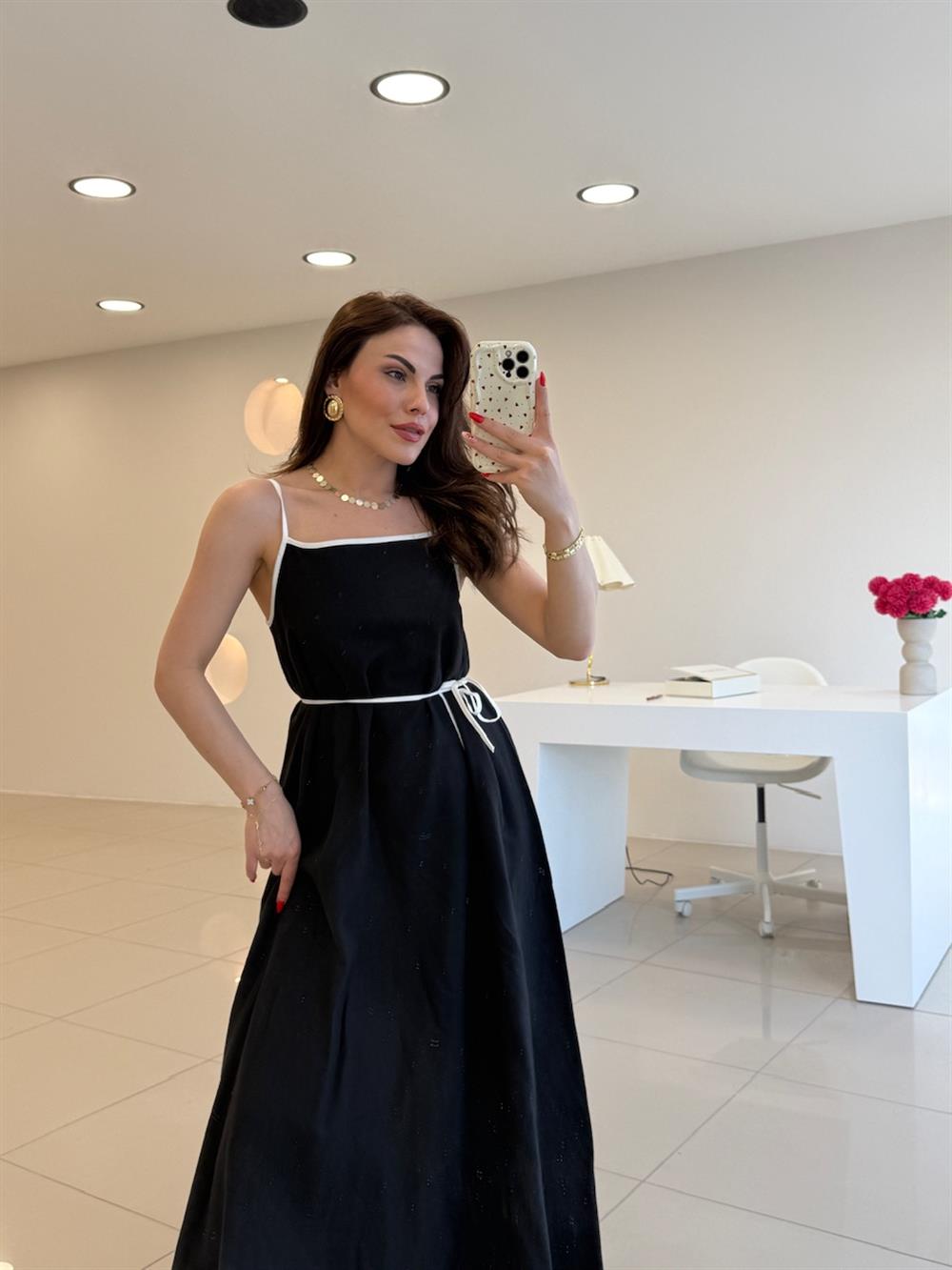 BİYE DETAYLI ASKILI ELBİSE SİYAH