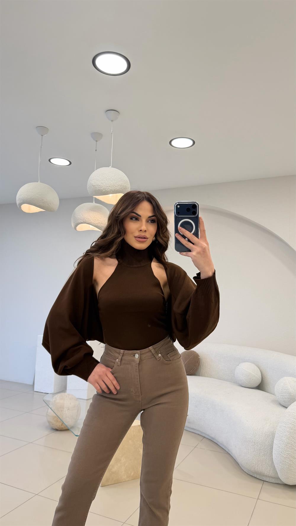 BOLERO DETAYLI TRİKO KAHVE