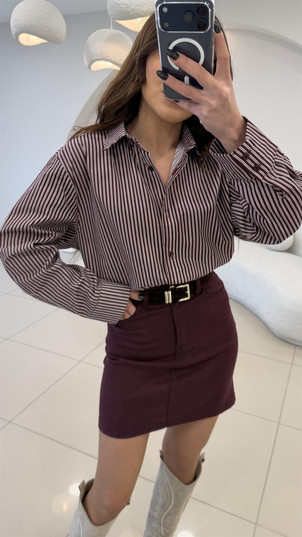 BORDO ÇİZGİLİ OVERSİZE POPLİN GÖMLEK