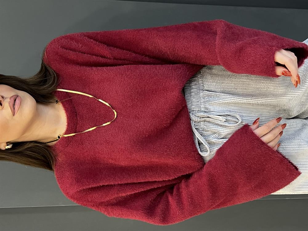 Bordo Geni̇ş Kol Detayli Yumoş Kazak