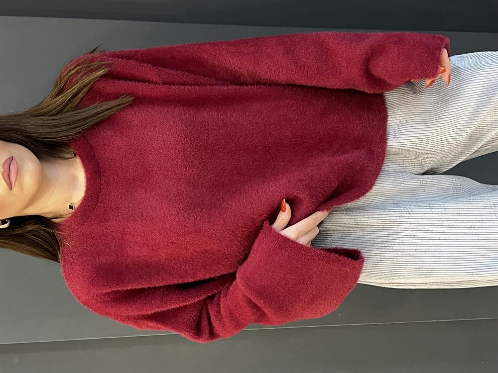 Bordo Geni̇ş Kol Detayli Yumoş Kazak