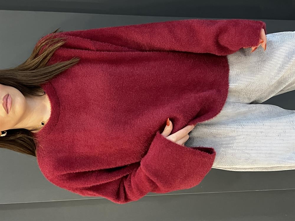 Bordo Geni̇ş Kol Detayli Yumoş Kazak