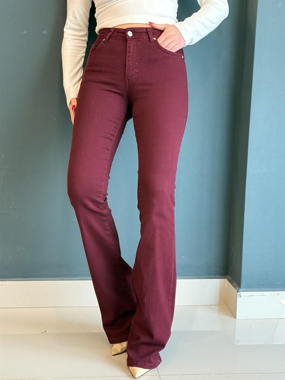 İspanyol Paça Toparlayici Pantolon Bordo