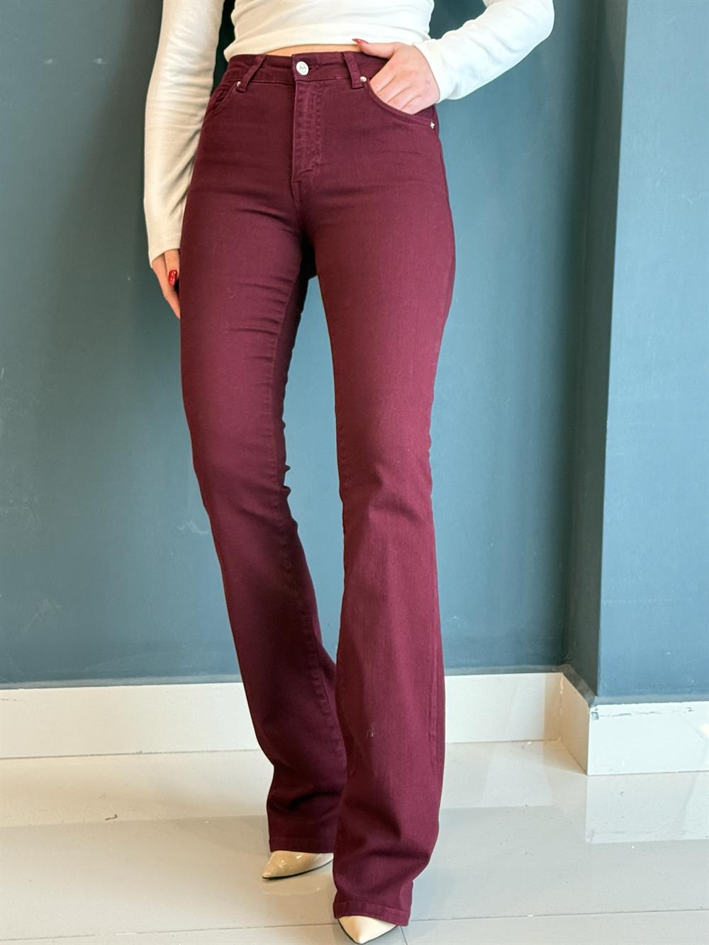 İspanyol Paça Toparlayici Pantolon Bordo