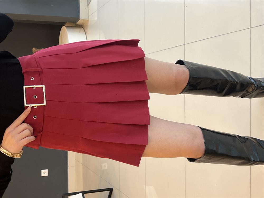 Bordo Kemerli̇ Şort Etek