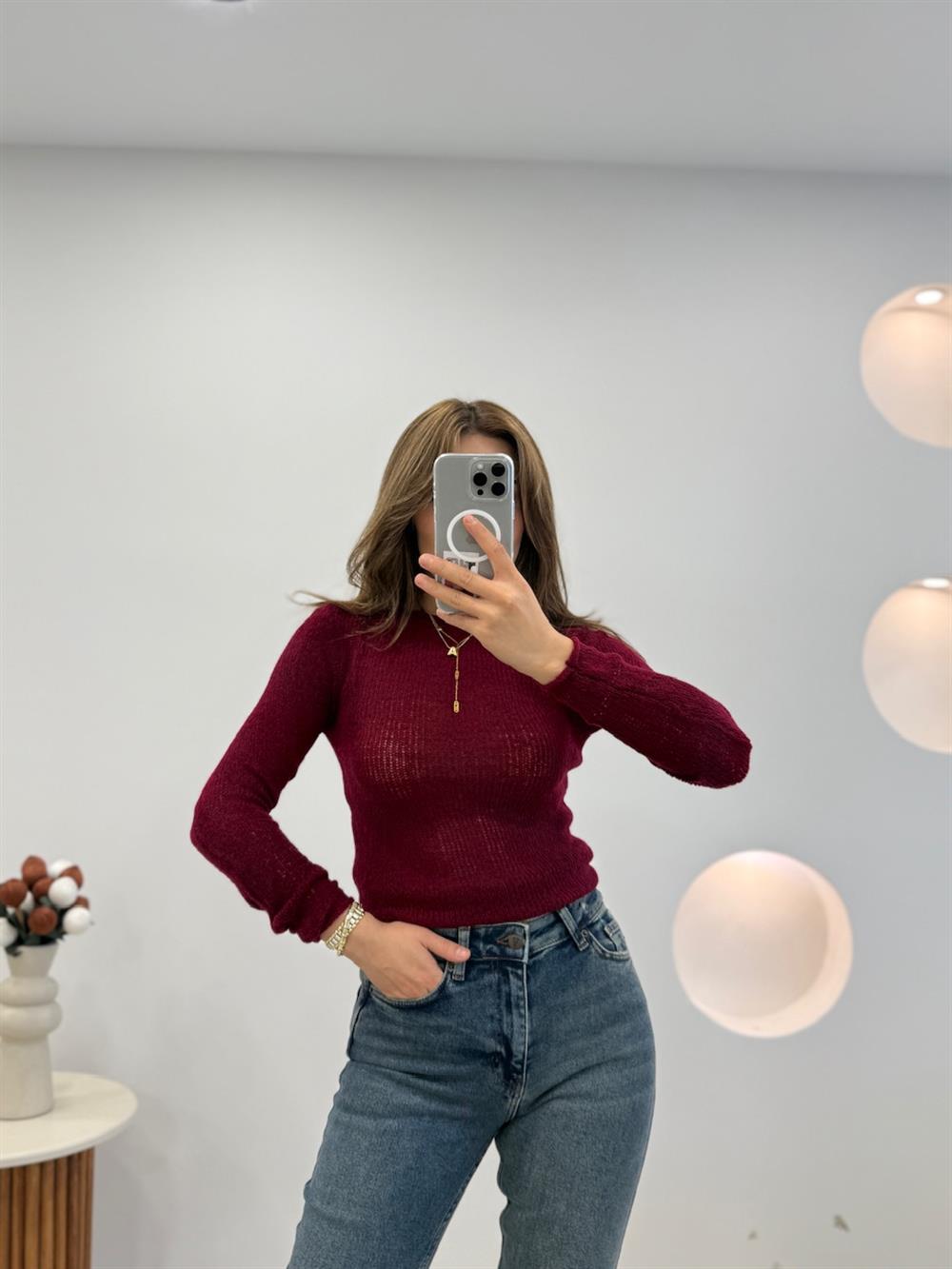 BORDO MERSERİZE PAMUK BLUZ