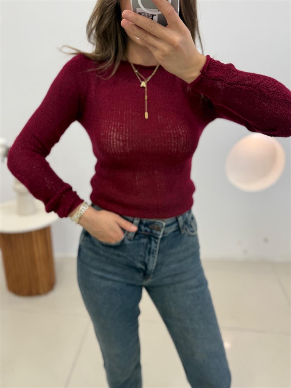 BORDO MERSERİZE PAMUK BLUZ