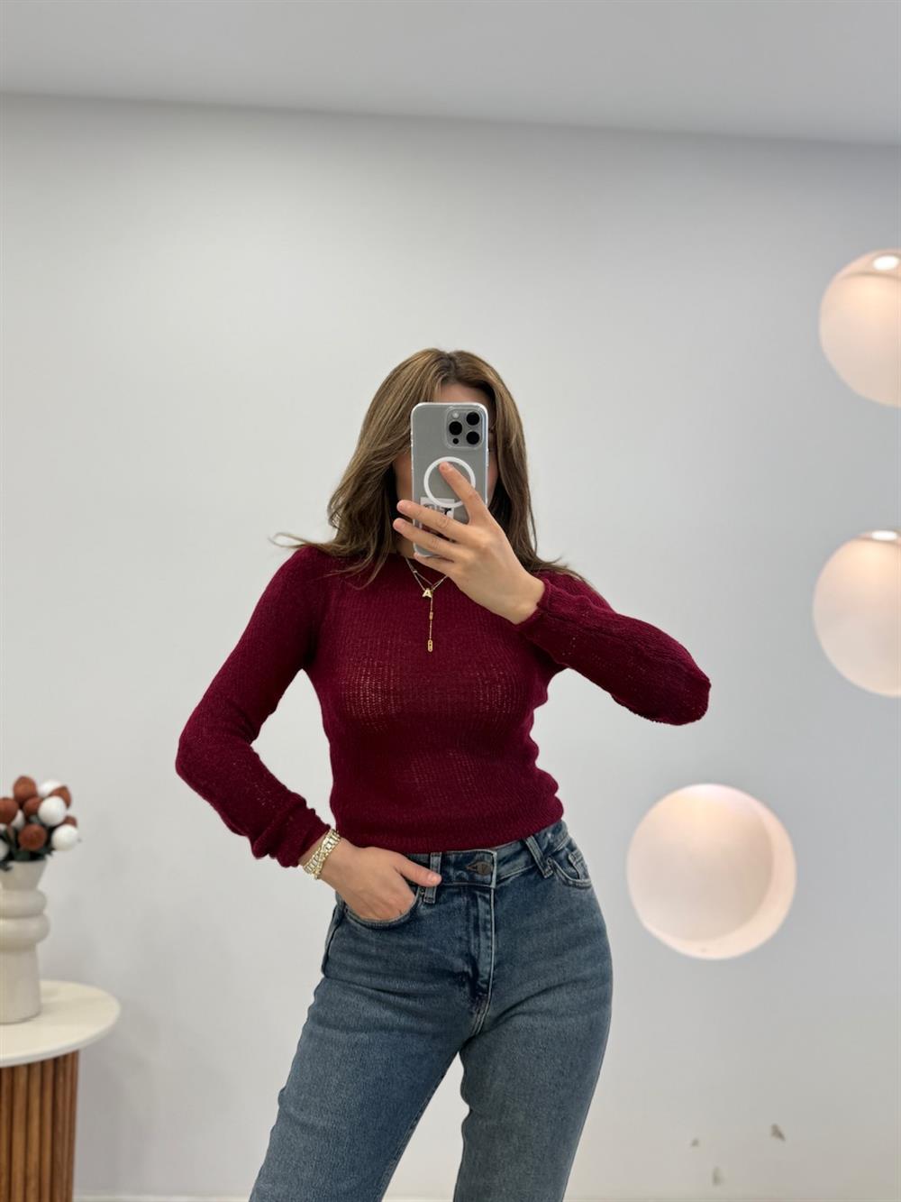 BORDO MERSERİZE PAMUK BLUZ