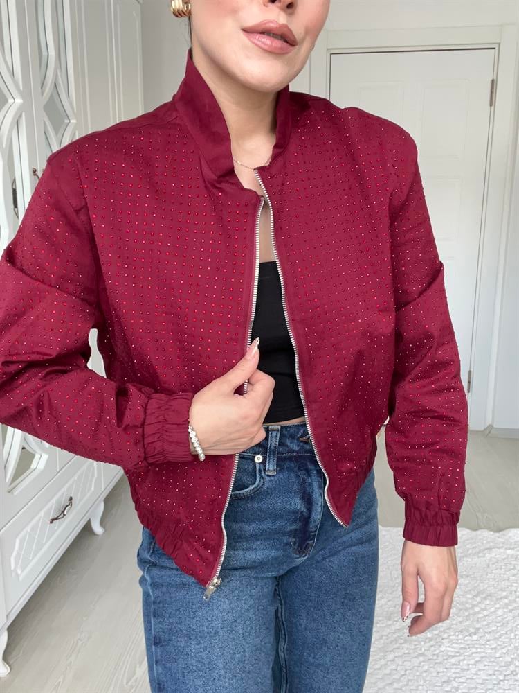 Bordo Taşli Bomber Ceket