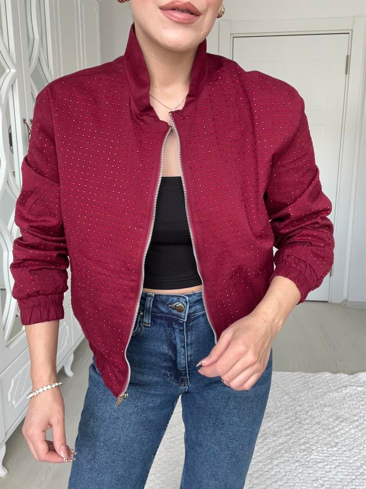 Bordo Taşli Bomber Ceket