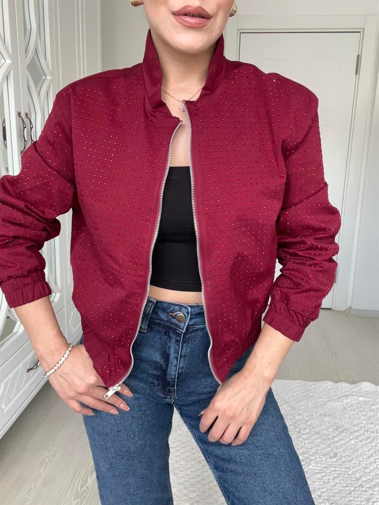 Bordo Taşli Bomber Ceket