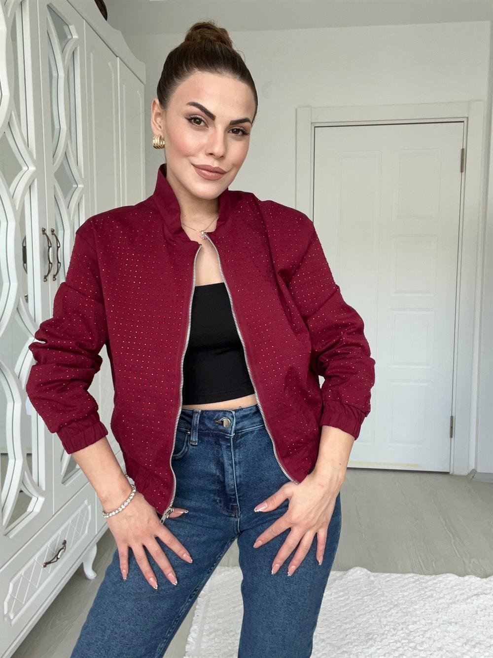 Bordo Taşli Bomber Ceket