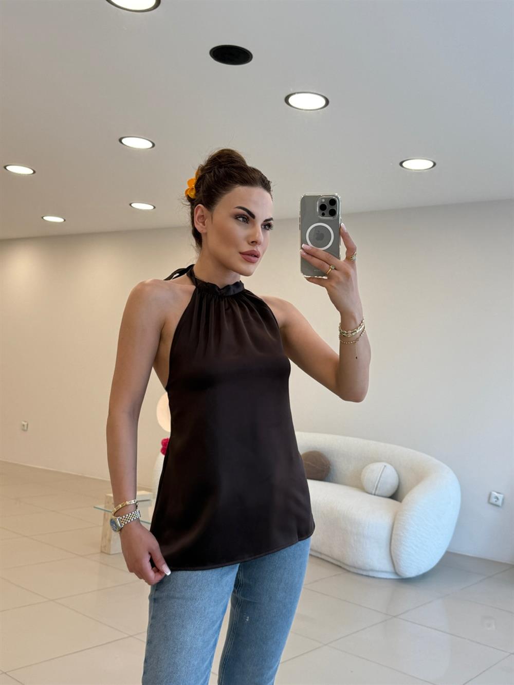 BOYUNDAN BAĞLAMALI SATEN BLUZ ACI KAHVE