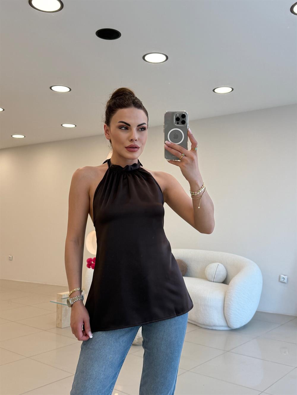 BOYUNDAN BAĞLAMALI SATEN BLUZ ACI KAHVE