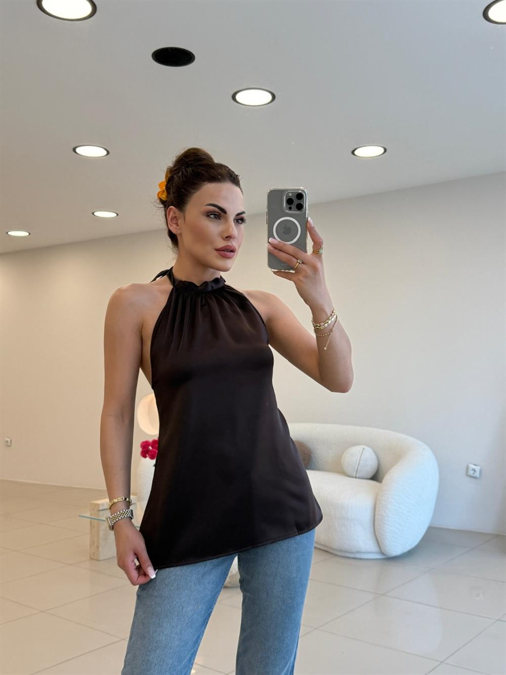 BOYUNDAN BAĞLAMALI SATEN BLUZ ACI KAHVE