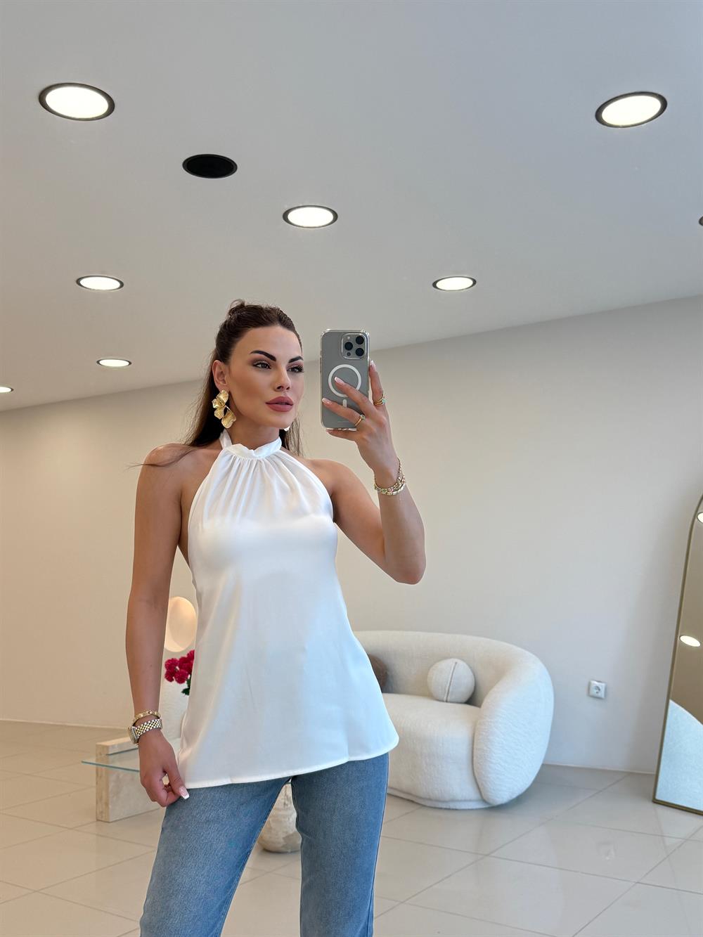 BOYUNDAN BAĞLAMALI SATEN BLUZ BEYAZ