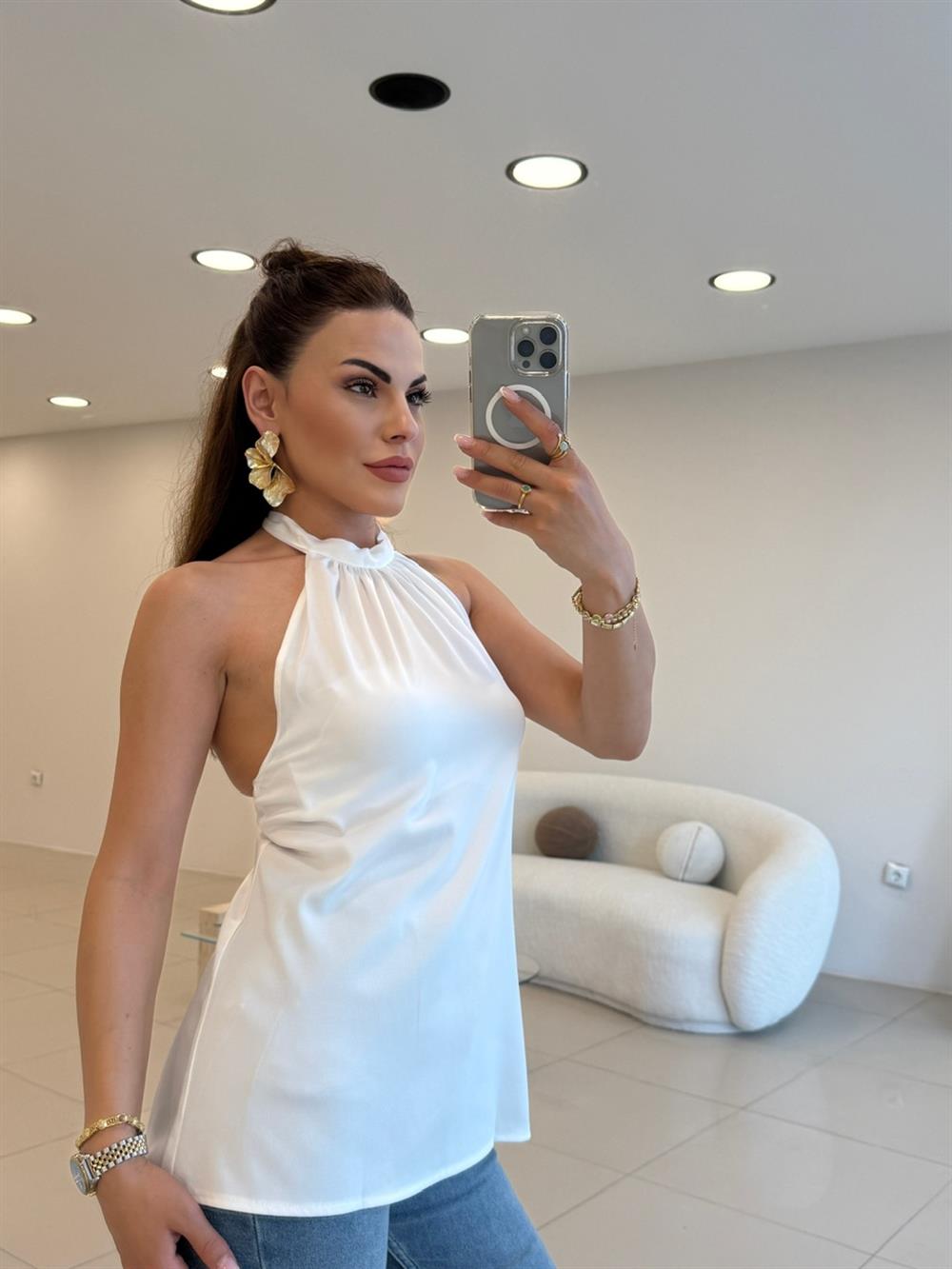 BOYUNDAN BAĞLAMALI SATEN BLUZ BEYAZ
