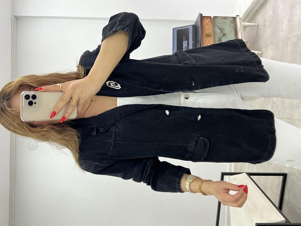 Broş Detayli Blazer Deni̇m Ceket Antrasi̇t