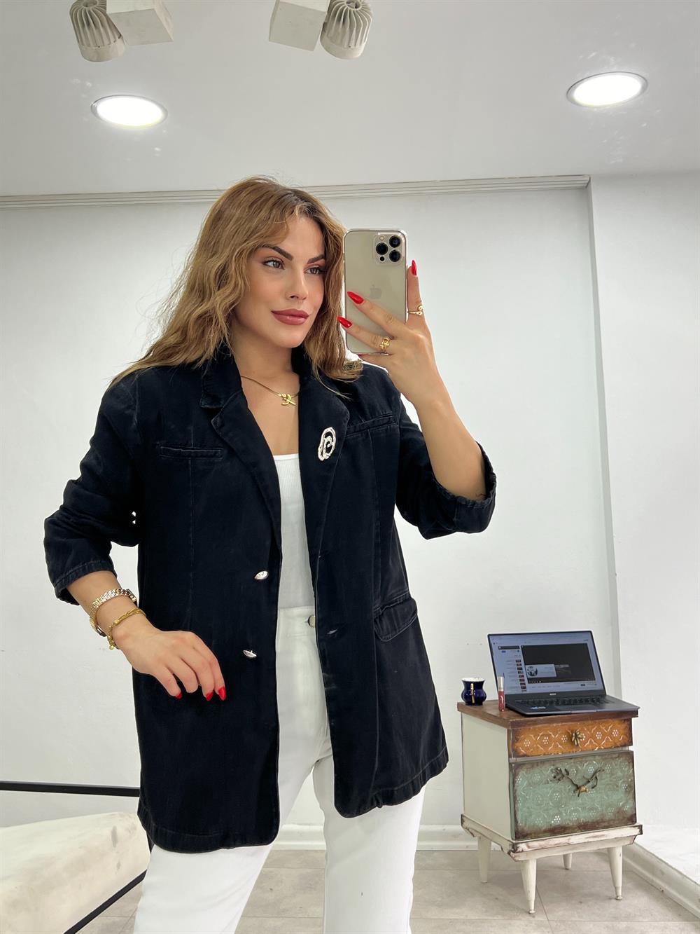 Broş Detayli Blazer Deni̇m Ceket Antrasi̇t