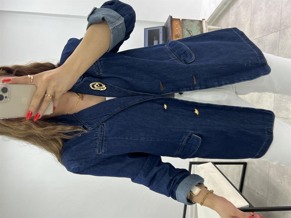 Broş Detayli Blazer Deni̇m Ceket Laci̇vert