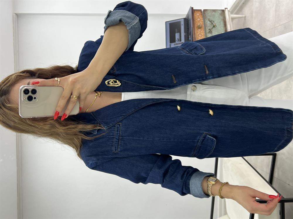 Broş Detayli Blazer Deni̇m Ceket Laci̇vert