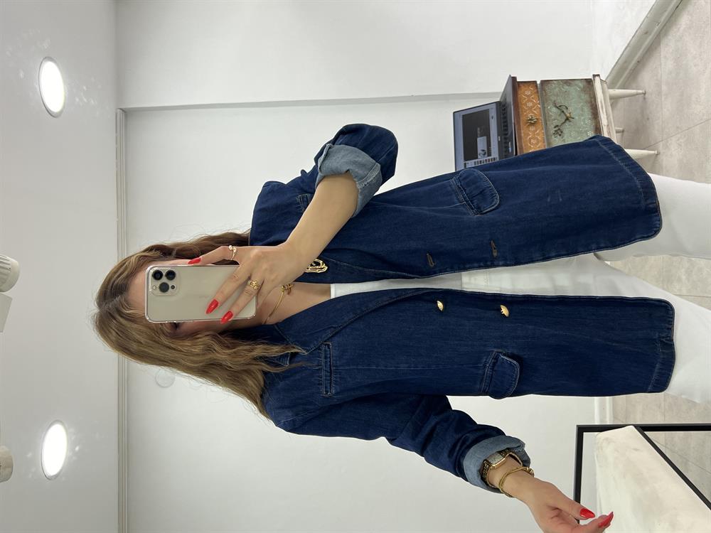 Broş Detayli Blazer Deni̇m Ceket Laci̇vert