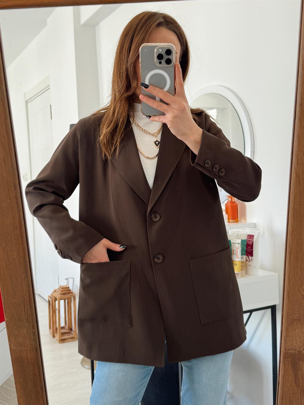 Büyük Cepli̇ Bleazer Ceket Aci Kahve