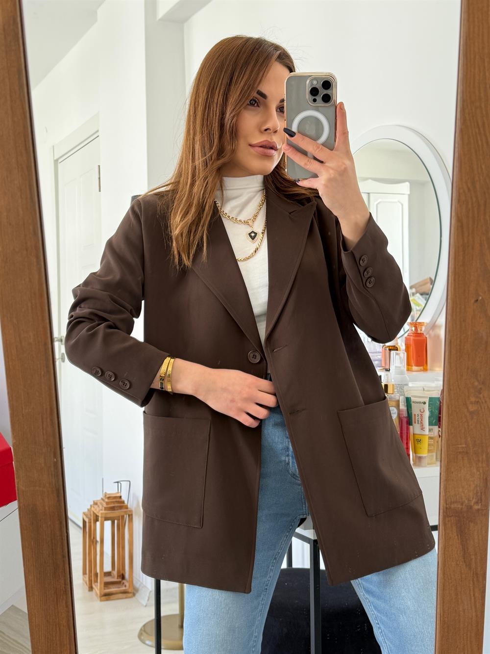 Büyük Cepli̇ Bleazer Ceket Aci Kahve