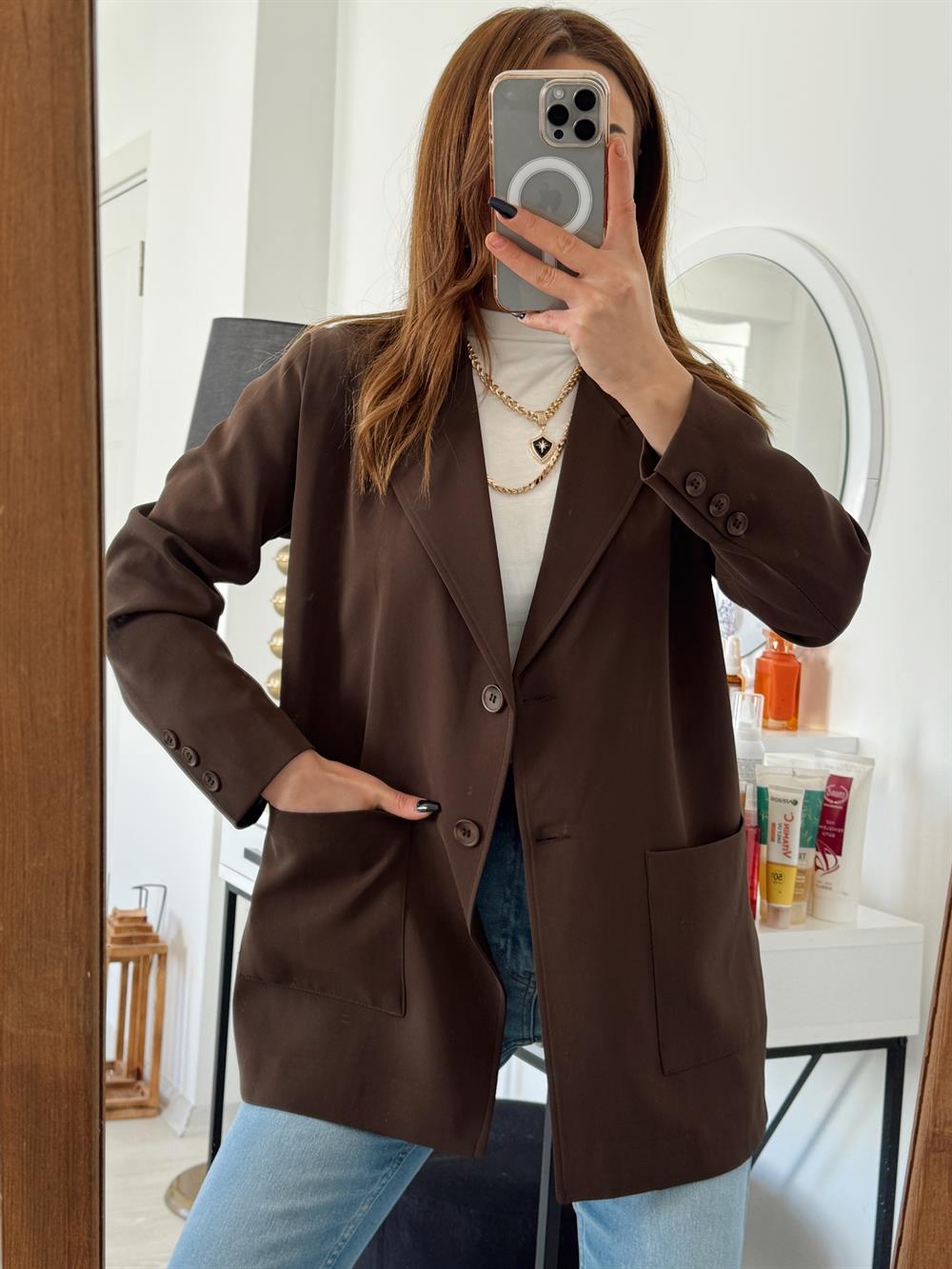 Büyük Cepli̇ Bleazer Ceket Aci Kahve