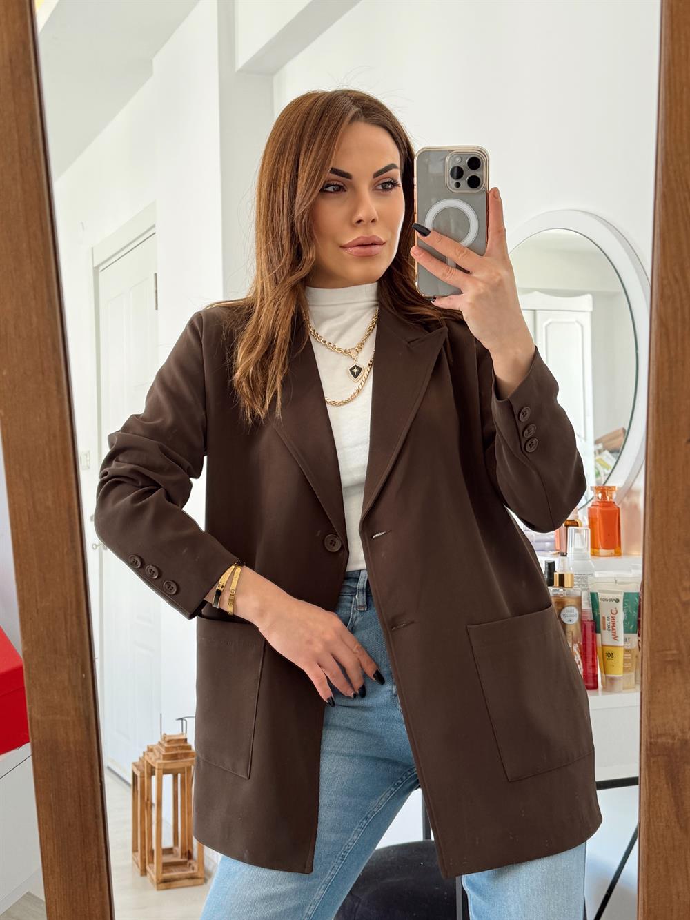 Büyük Cepli̇ Bleazer Ceket Aci Kahve