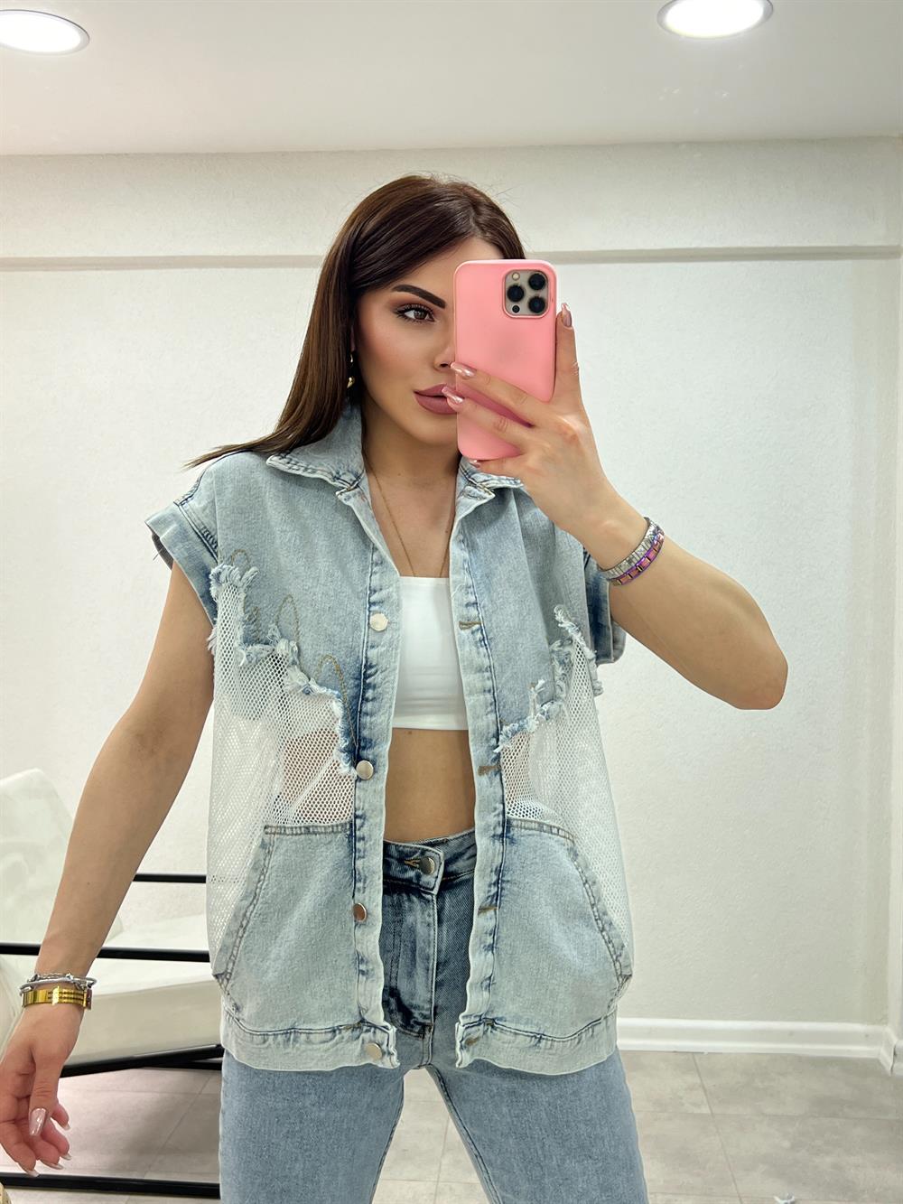 Buz Mavi̇ Fi̇le Detayli Yelek