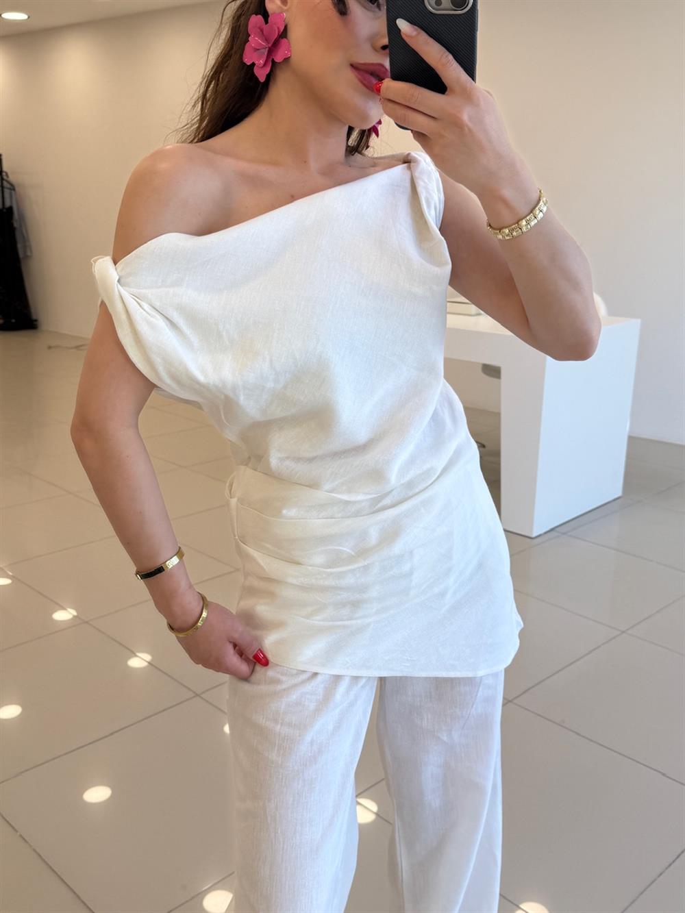 BÜZGÜLÜ KETEN İKİLİ TAKIM BEYAZ