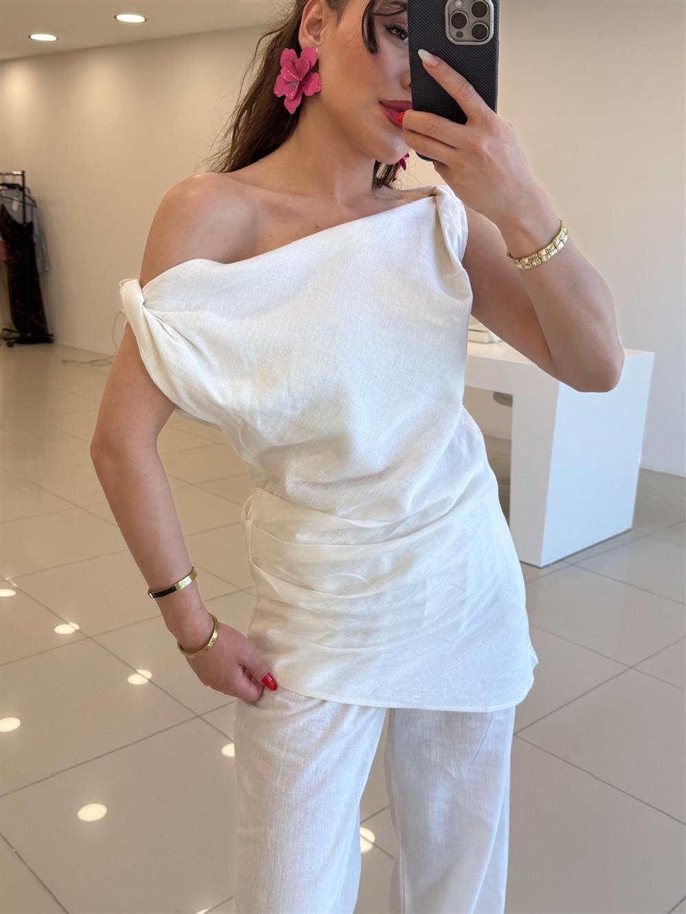 BÜZGÜLÜ KETEN İKİLİ TAKIM BEYAZ