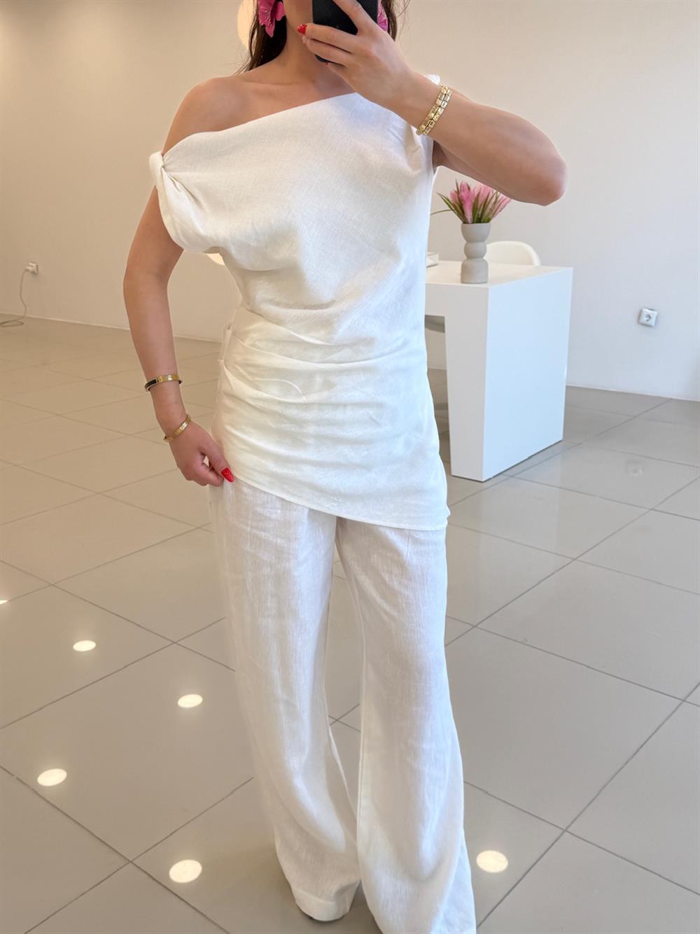 BÜZGÜLÜ KETEN İKİLİ TAKIM BEYAZ