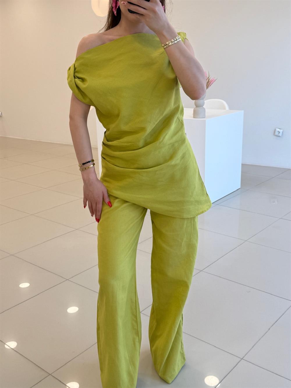 BÜZGÜLÜ KETEN İKİLİ TAKIM YEŞİL